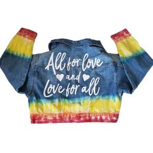 Blank Nyc Denim Cropped Rainbow Jean Jacket Large ALL FOR LOVE and LOVE FOR ALL